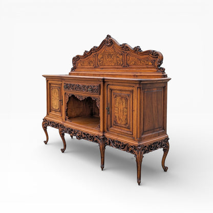 Continental Walnut Carved Sideboard Cabinet with Sculptural Apron