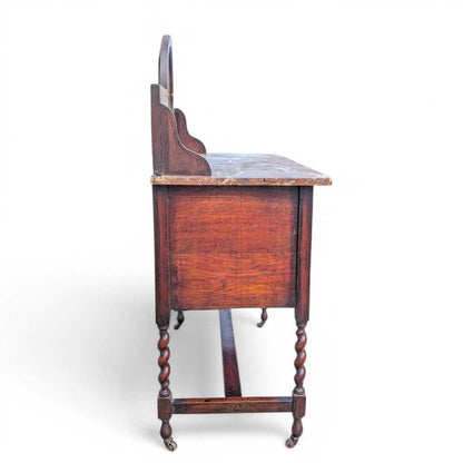 Antique Marble-Top Washstand – Oak with Barley Twist Legs and Round Marble Back, Early 1900s English