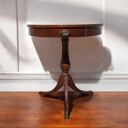 Vintage Mersman Round Wood Pedestal Side Table with Drawer