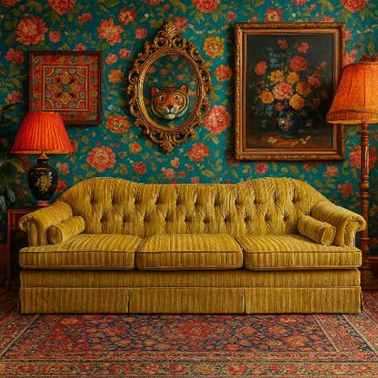 Vintage 96” Tufted Striped Sofa – Mid Century Curved Back Couch, Cleaned + New Foam Included, Unique Hollywood Regency Style