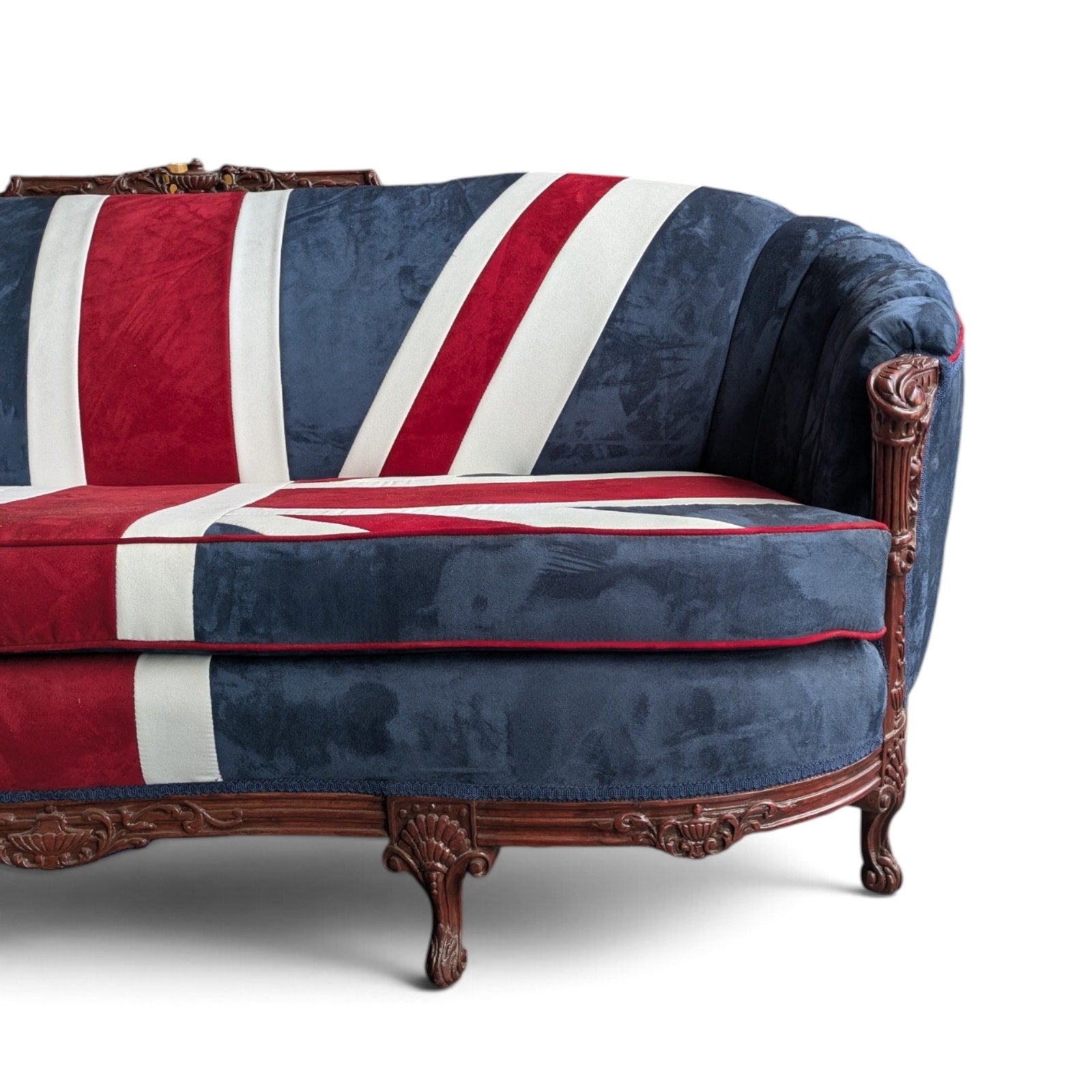 Vintage Union Jack Upholstered Sofa with Ornate Carved Wood Frame — view 3 of 16