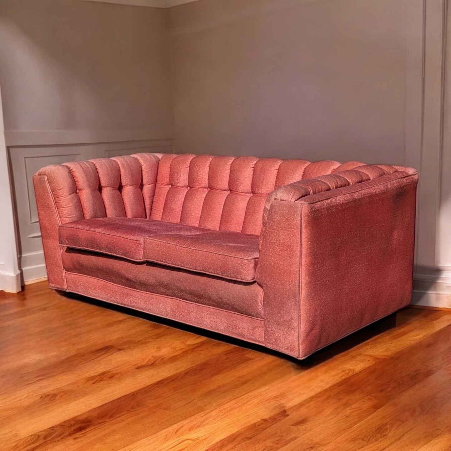 Vintage 1980s Tufted Sofa – Postmodern Loveseat in Rose Upholstery, Milo Baughman Style, 67" Long