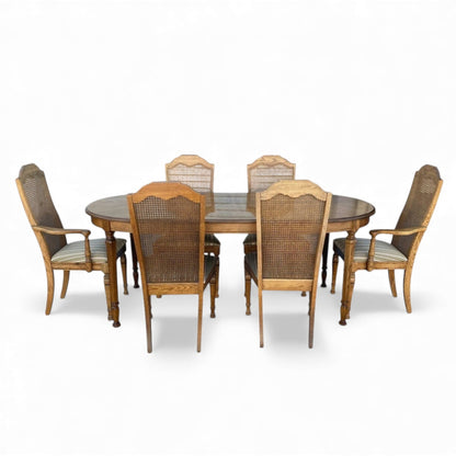 Vintage Oak Oval Extension Dining Table and Six Cane-Back Chairs
