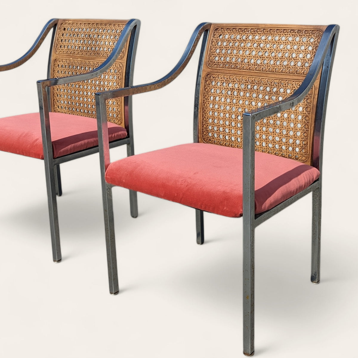 Pair of Mid-Century Chrome and Cane-Back Armchairs in Pink Velvet — view 2 of 16