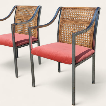 Pair of Mid-Century Chrome and Cane-Back Armchairs in Pink Velvet