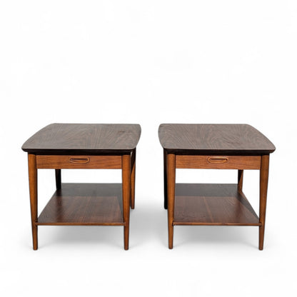 Pair of 1960s Lane Walnut Nightstands with Drawers and Lower Shelves