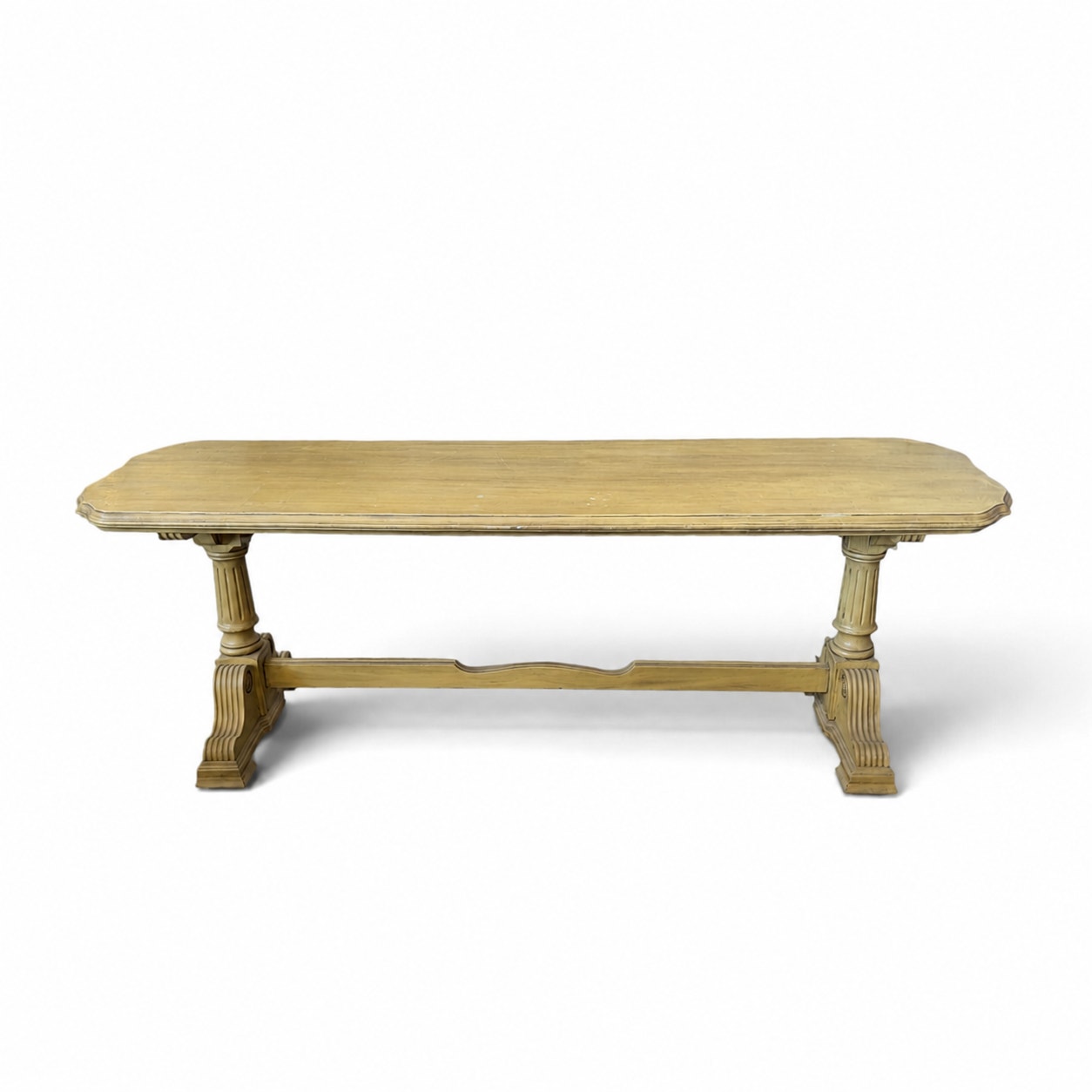 Vintage Butter Yellow Painted Trestle Sofa Table with Scalloped Top