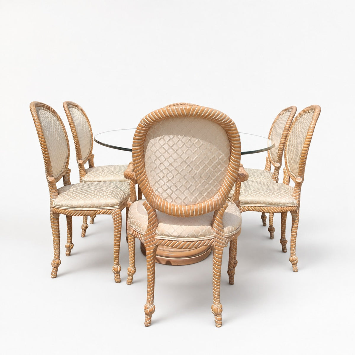 Vintage Carved Wood Oval Glass Dining Set with Six Upholstered Chairs — view 8 of 16