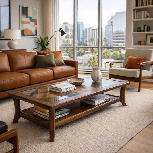 Vintage Oak Coffee Table Smoked Glass Insets