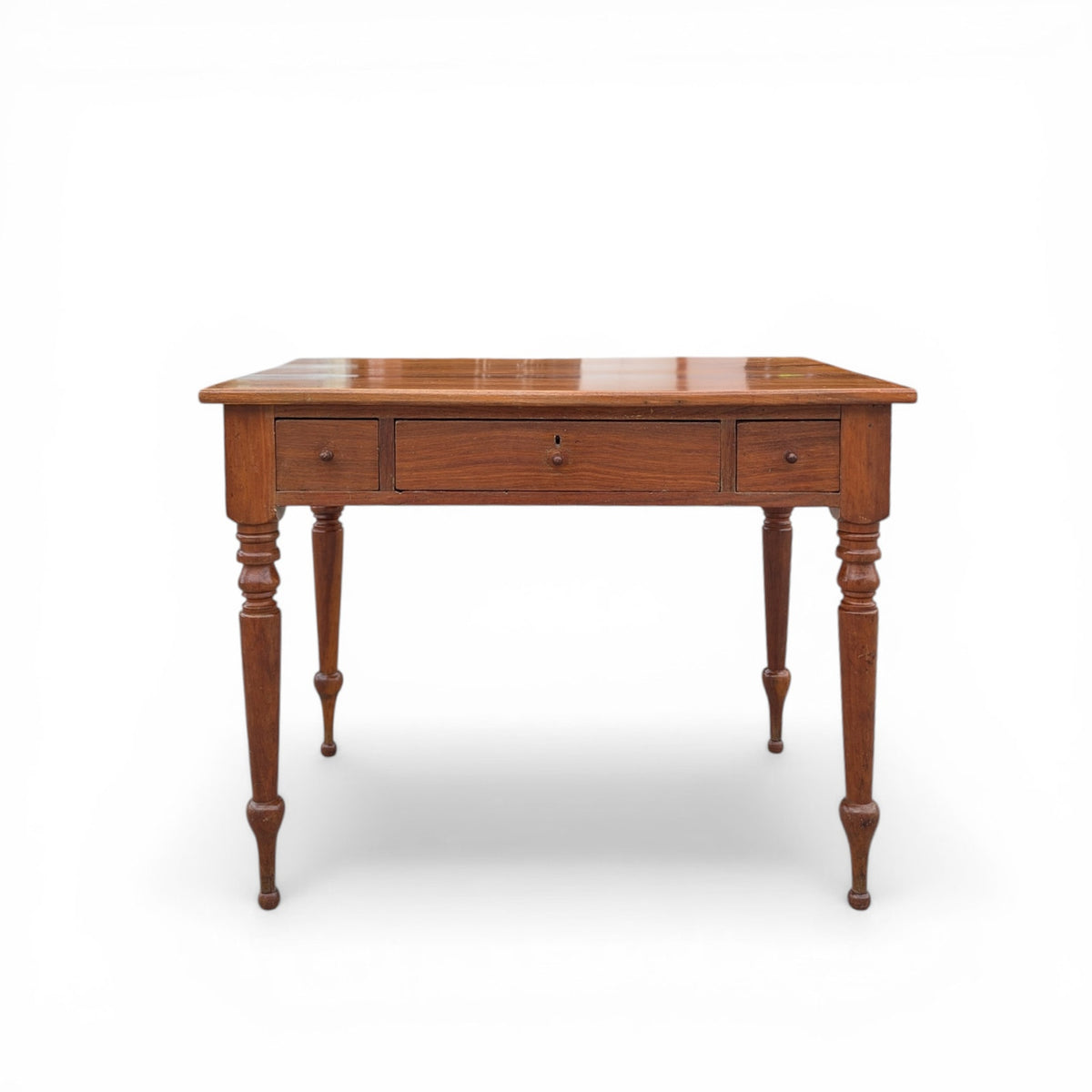Antique Solid-Wood Writing Desk with Turned Legs and Drawer
