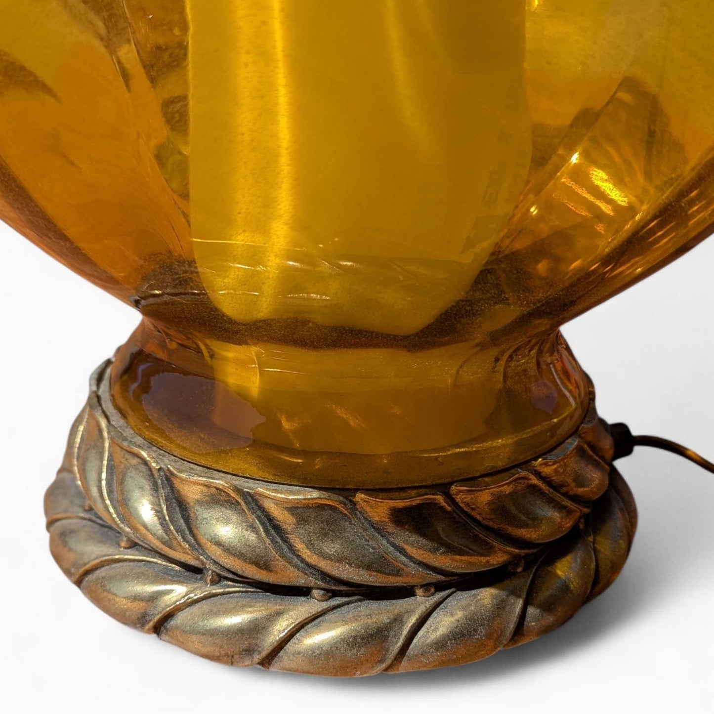 Pair of Vintage Amber Glass Table Lamps with Brass Accents | Hollywood Regency Mid-Century Lighting