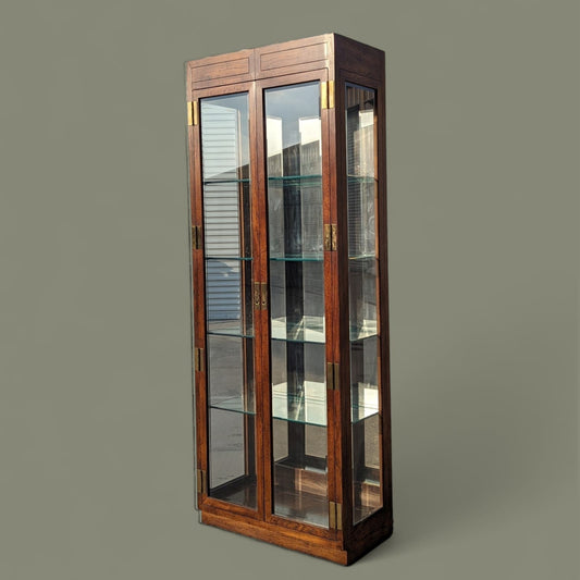 Henredon Bookcase, Etagere, Oak Wood, Glass Shelves, Mirrored panels, Mid Century, Curio Display