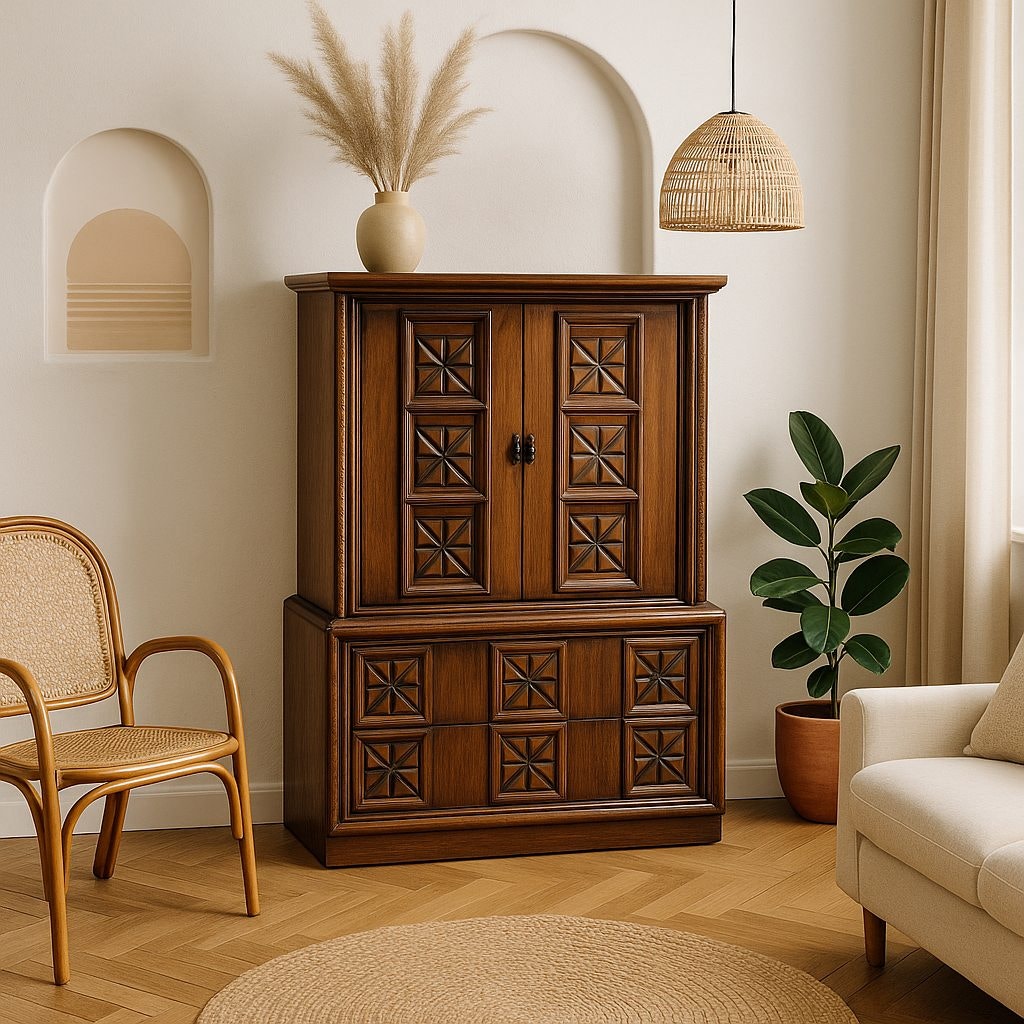 Vintage Brutalist Tallboy Dresser Cabinet c. 1970s