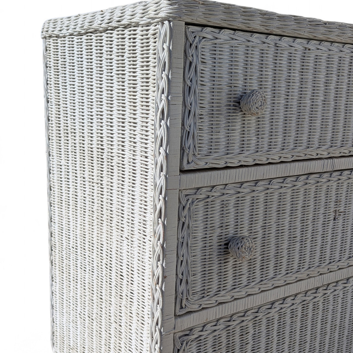 Vintage White Woven Wicker Three-Drawer Chest on Casters — view 13 of 16