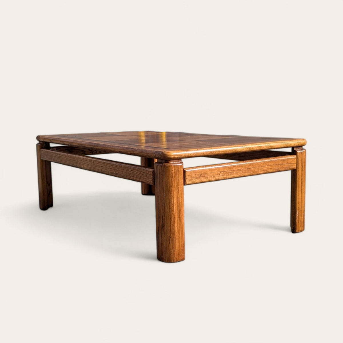 1980s Mid-Century Oak Coffee Table with Checkered Parquet Top