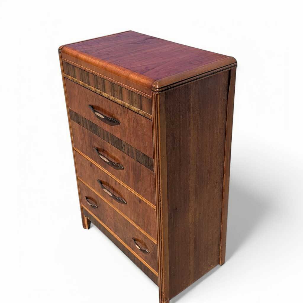 1930s Art Deco Waterfall Tallboy Dresser with Bird’s-Eye Maple