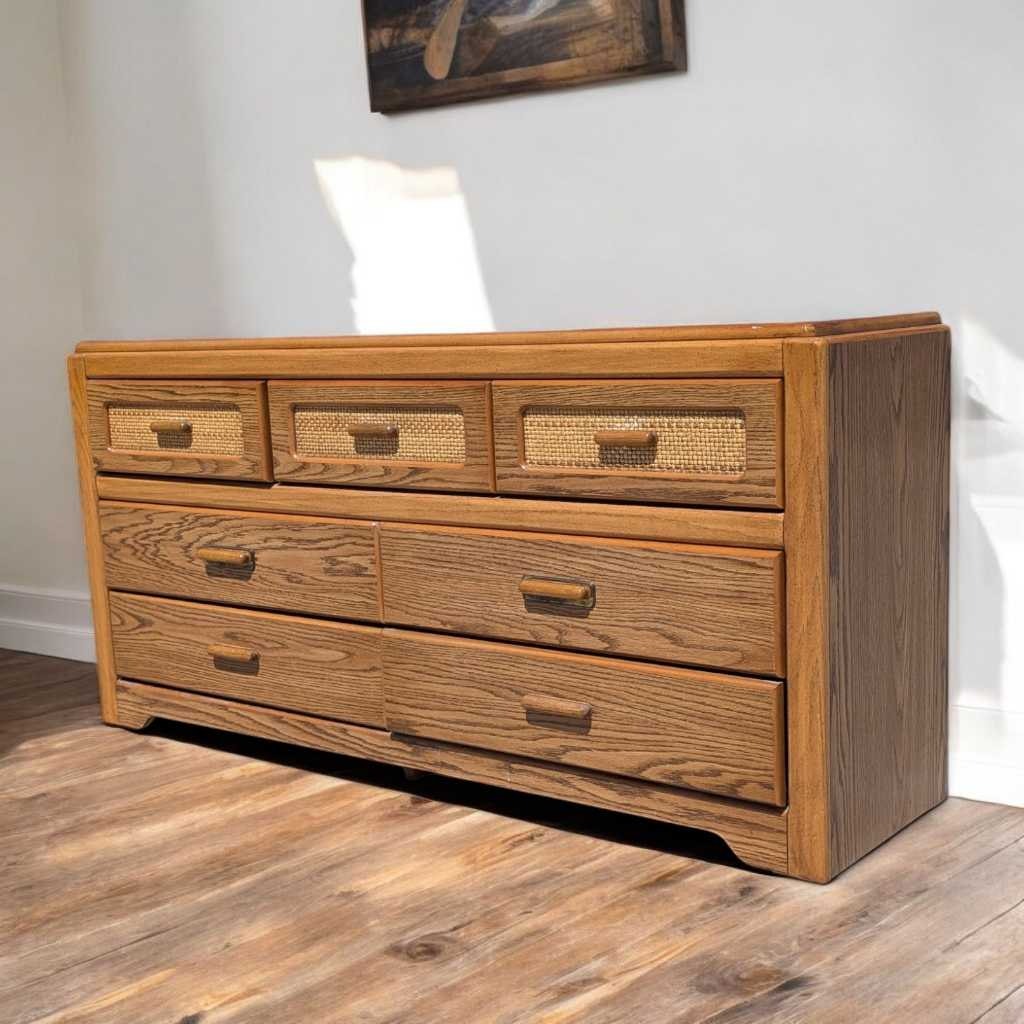 1980s Postmodern Faux-Oak Laminate Six-Drawer Dresser