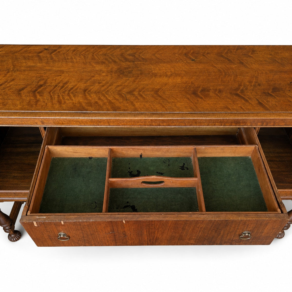 Antique Jacobean Revival Figured Wood Sideboard with Carved Medallions — view 5 of 16