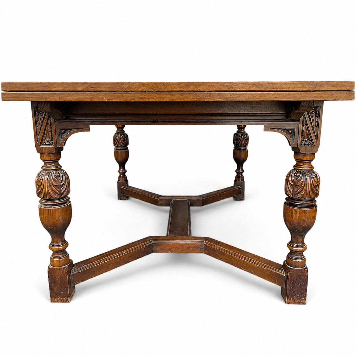 Vintage Walnut Jacobean Revival Refectory Dining Table with Carved Base