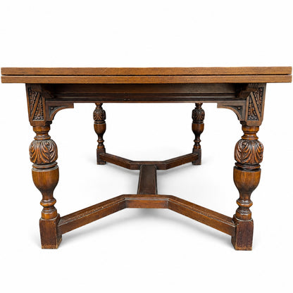 Vintage Walnut Jacobean Revival Refectory Dining Table with Carved Base