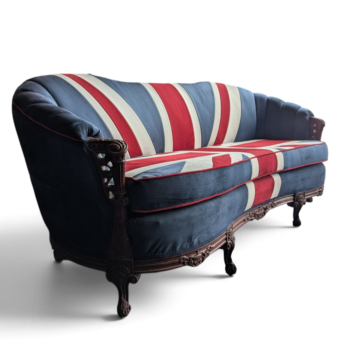 Vintage Union Jack Upholstered Sofa with Ornate Carved Wood Frame