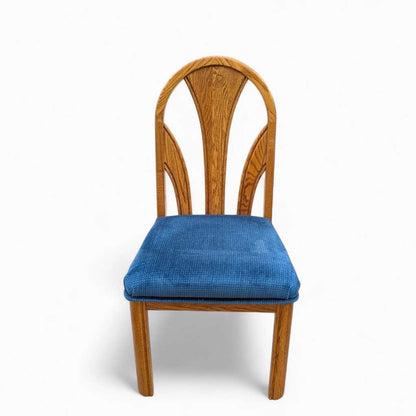 Set of 6 Postmodern Dining Chairs – Oak Frame, Blue Velvet Polka Dot Seats, 1980s