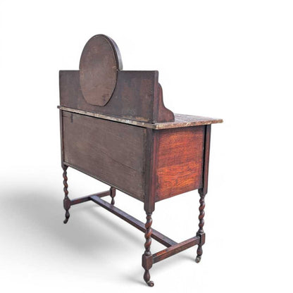Antique Marble-Top Washstand – Oak with Barley Twist Legs and Round Marble Back, Early 1900s English