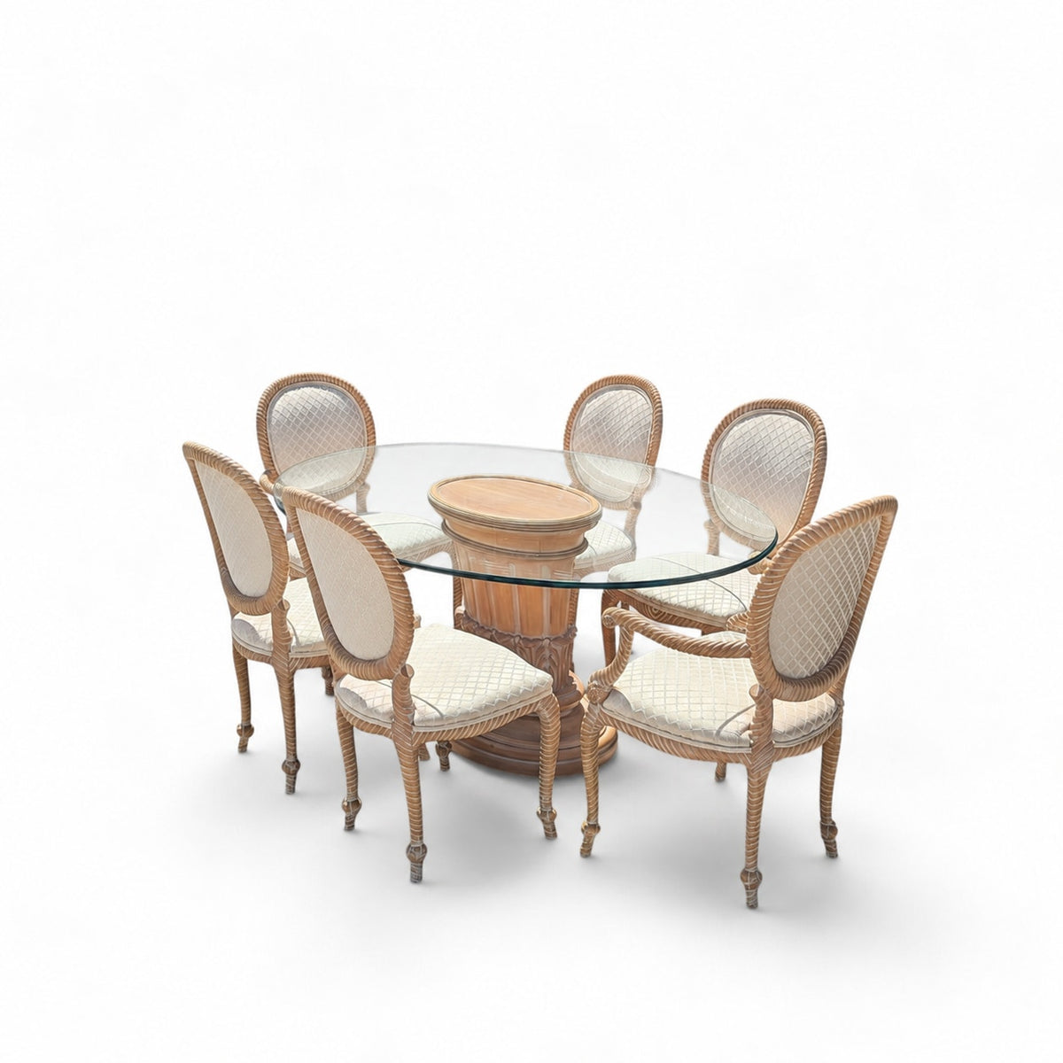 Vintage Carved Wood Oval Glass Dining Set with Six Upholstered Chairs