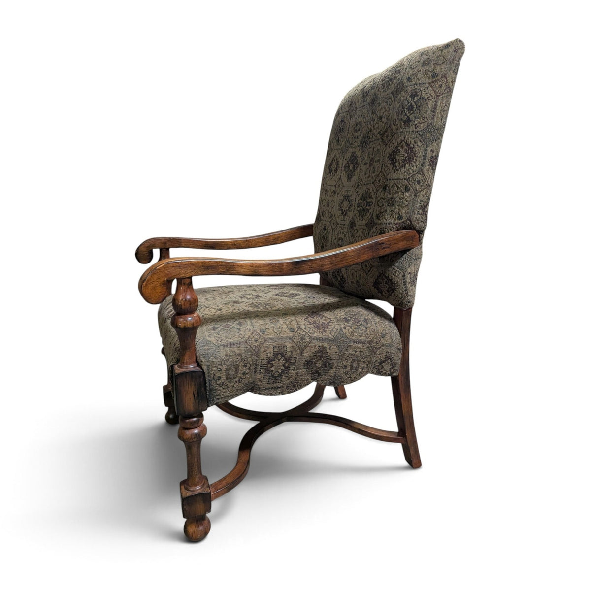 Louis XIII-Style High-Back Wood Armchair with Tapestry Upholstery