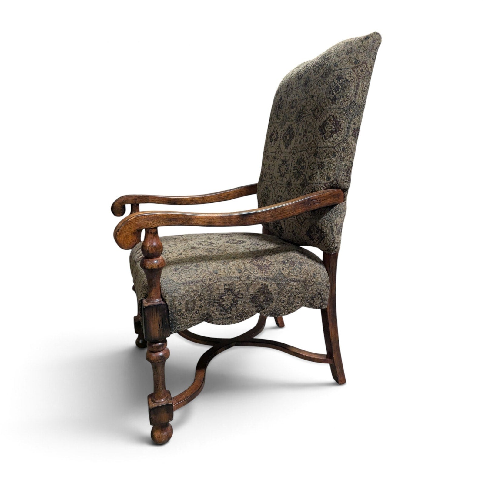 Louis XIII-Style High-Back Wood Armchair with Tapestry Upholstery — view 6 of 13