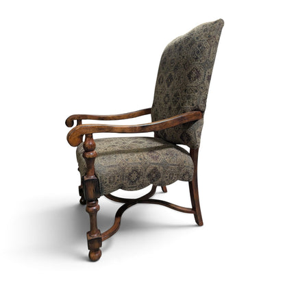 Louis XIII-Style High-Back Wood Armchair with Tapestry Upholstery
