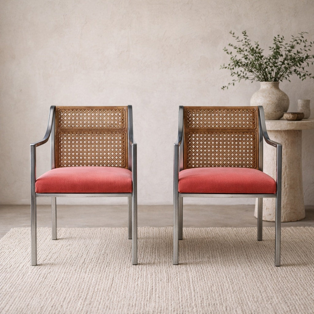 Pair of Mid-Century Chrome and Cane-Back Armchairs in Pink Velvet — view 1 of 16
