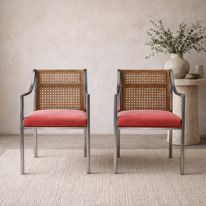 Pair of Mid-Century Chrome and Cane-Back Armchairs in Pink Velvet