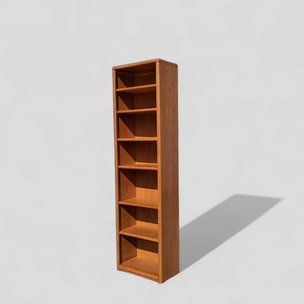 Vintage Oak Bookcase, Solid Wood, Mid Century, MCM, Slim, Six Shelves, Freestanding, Living Room