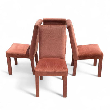 Set of 4 Postmodern Dining Chairs – 1980s Salmon Pink Velvet Upholstery, High Back Chairs, Vintage Modern Design, Sculptural Seating
