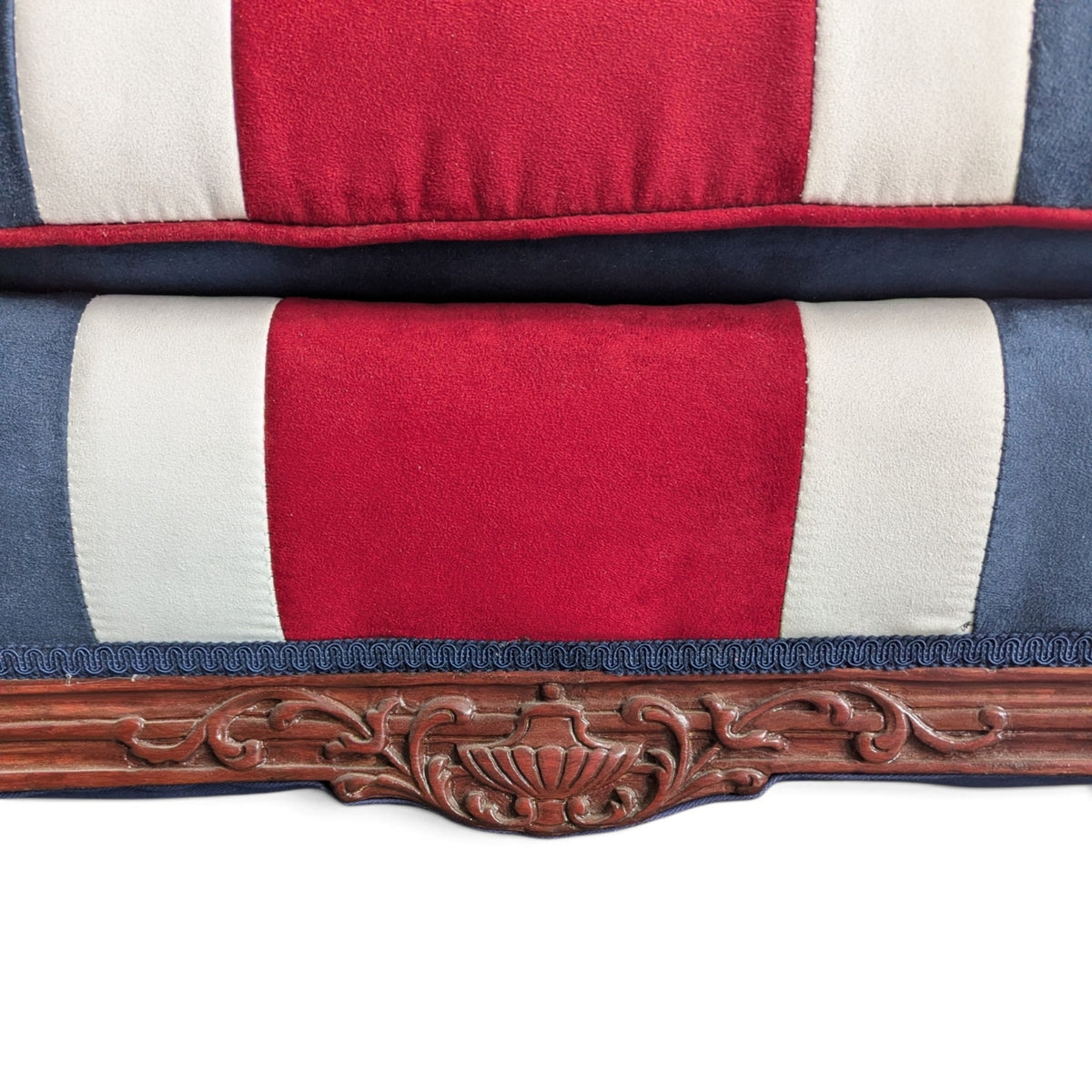Vintage Union Jack Upholstered Sofa with Ornate Carved Wood Frame