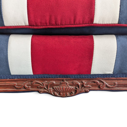 Vintage Union Jack Upholstered Sofa with Ornate Carved Wood Frame