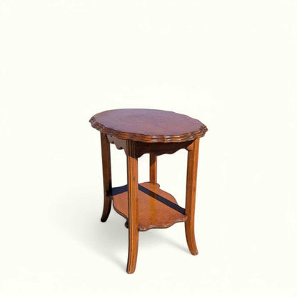 Vintage Oval Wood Side Table with Scalloped Edge and Lower Shelf