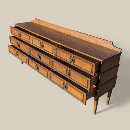 Vintage Sideboard, Mid Century, Unique Dresser, Cabinet, Credenza, 9 Drawers, Storage, Asian Inspired, Walnut, Laminate Top