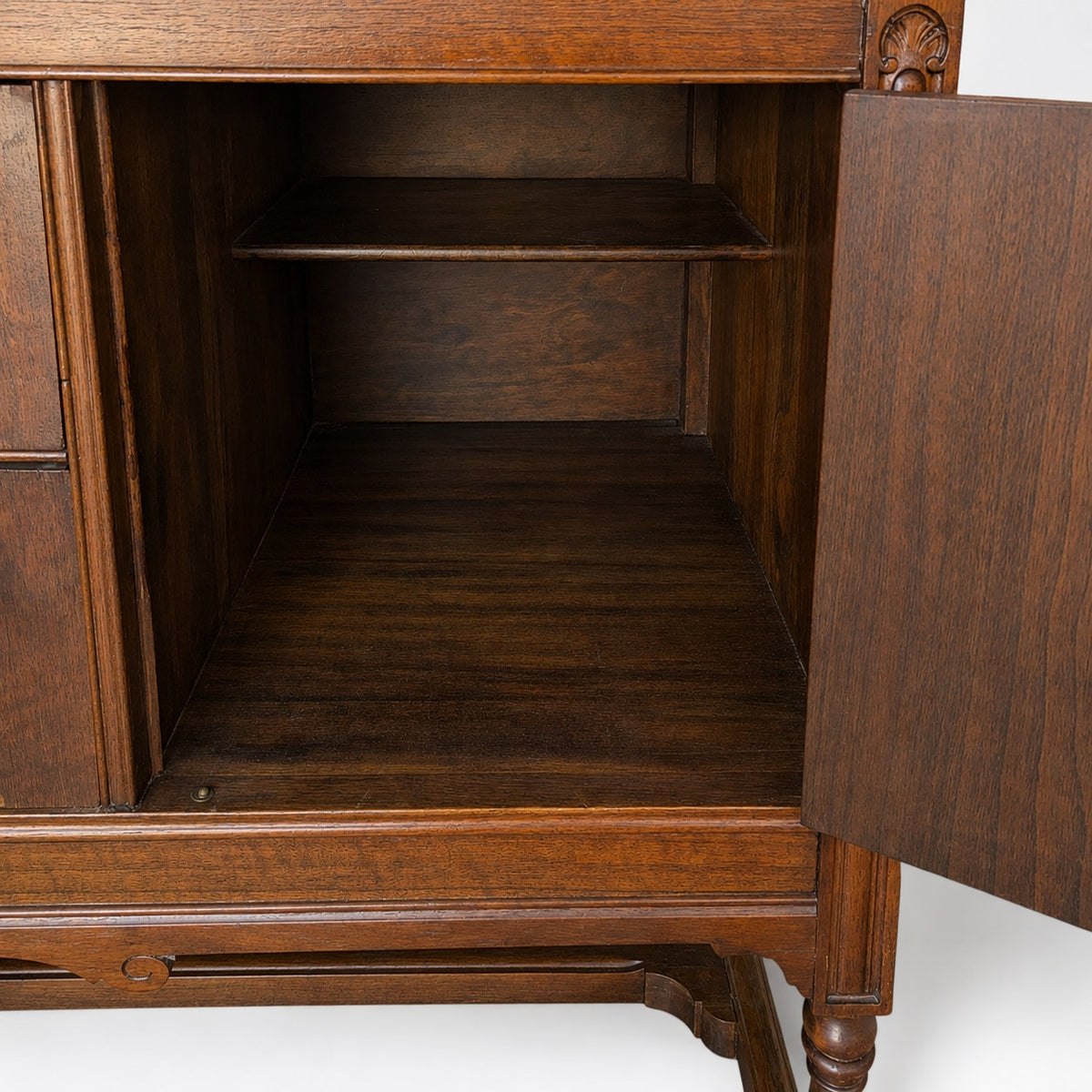 Antique Jacobean Revival Figured Wood Sideboard with Carved Medallions
