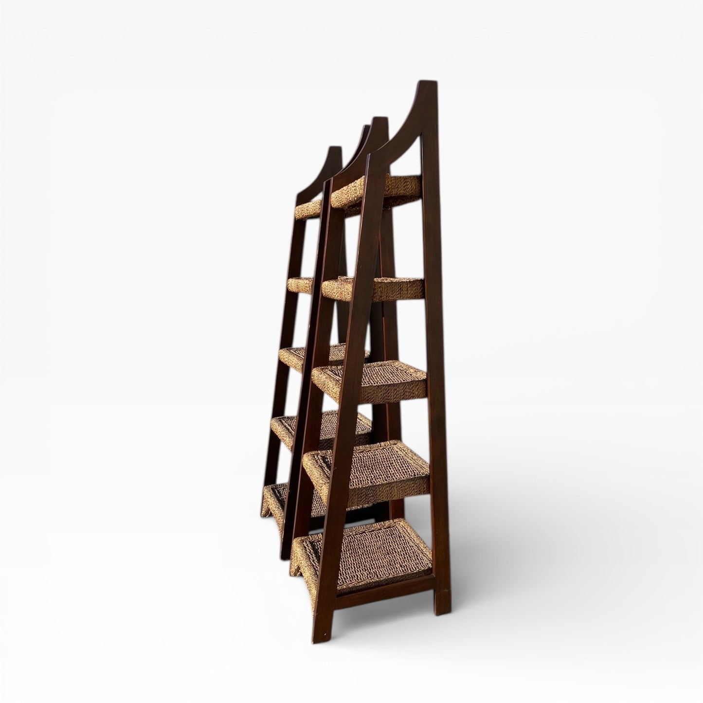 Pair of Sculptural Wooden Étagère Shelves with Woven Rush Shelves, Mid-20th Century