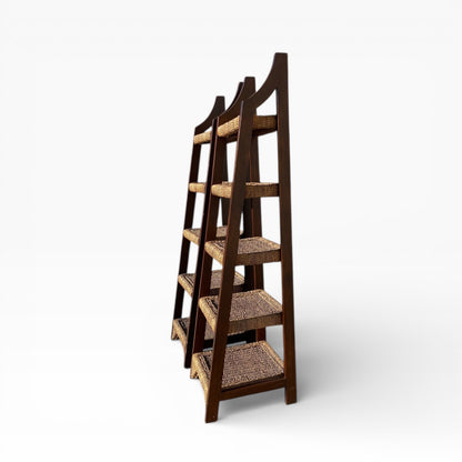 Pair of Sculptural Wooden Étagère Shelves with Woven Rush Shelves, Mid-20th Century