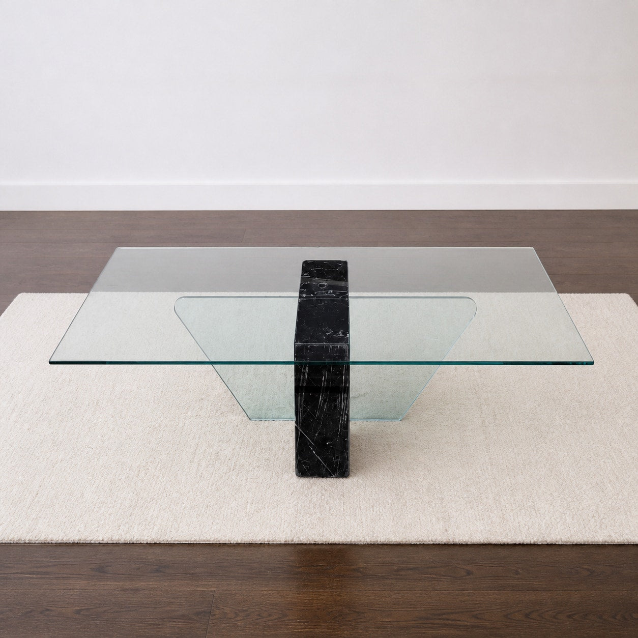 Unique Coffee Table, Marble Base, Geometric, Unique, Rectangular Glass Top, Postmodern, Mid Century
