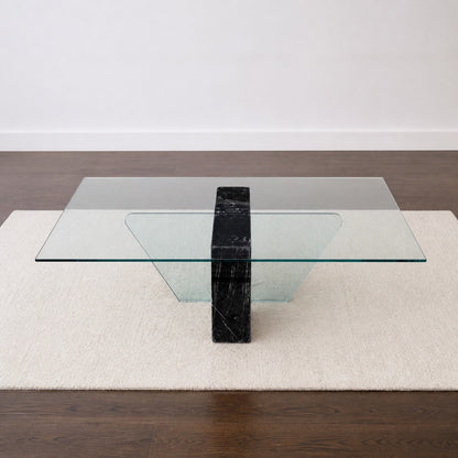 Unique Coffee Table, Marble Base, Geometric, Unique, Rectangular Glass Top, Postmodern, Mid Century