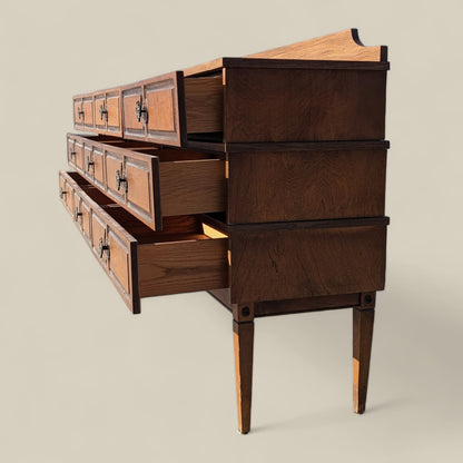 Vintage Sideboard, Mid Century, Unique Dresser, Cabinet, Credenza, 9 Drawers, Storage, Asian Inspired, Walnut, Laminate Top