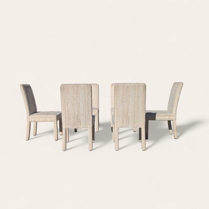 Set of 6 Postmodern 1980s Dining Chairs – Cream Textured Fabric w/ Subtle Color Flecks, Sculptural Silhouette
