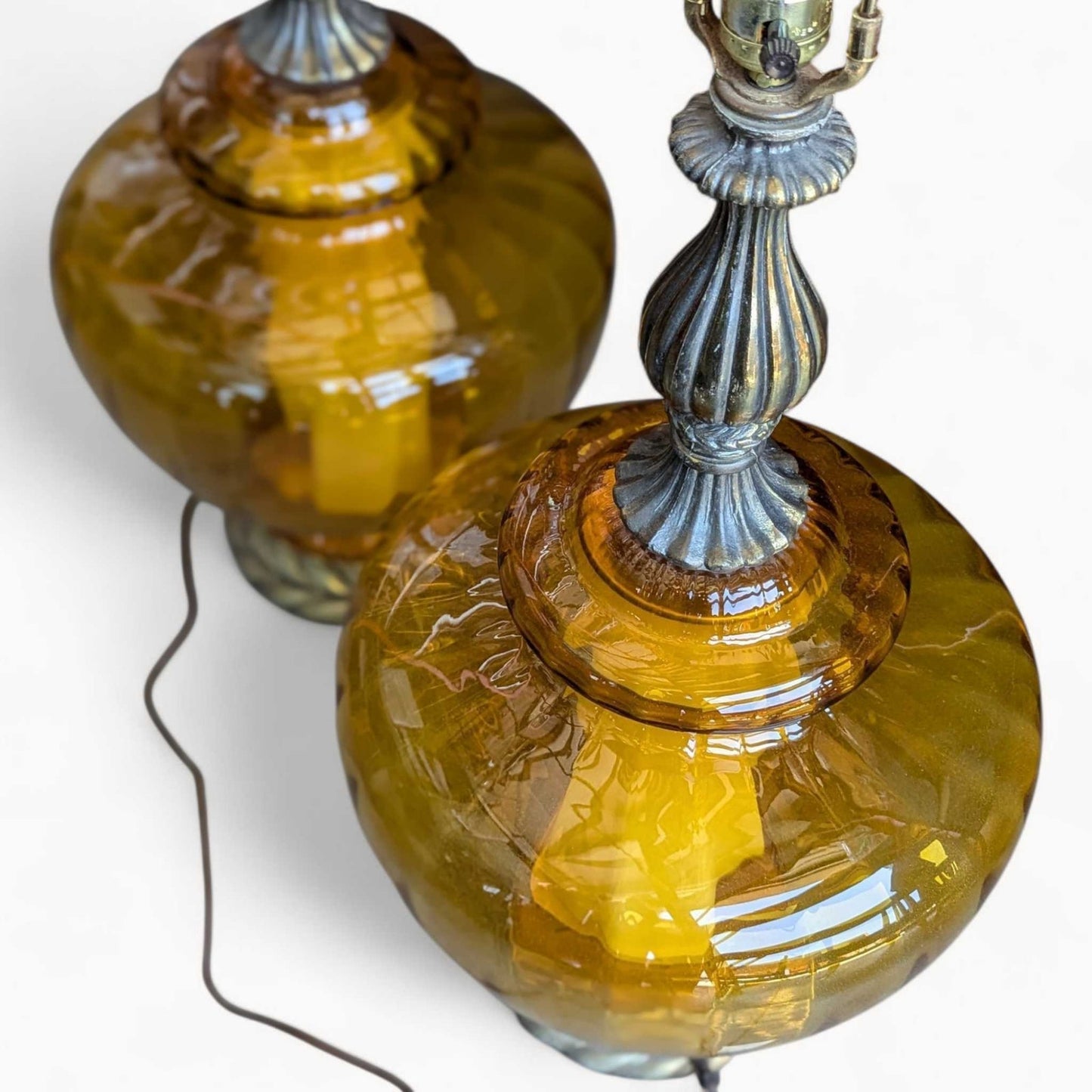Pair of Vintage Amber Glass Table Lamps with Brass Accents | Hollywood Regency Mid-Century Lighting