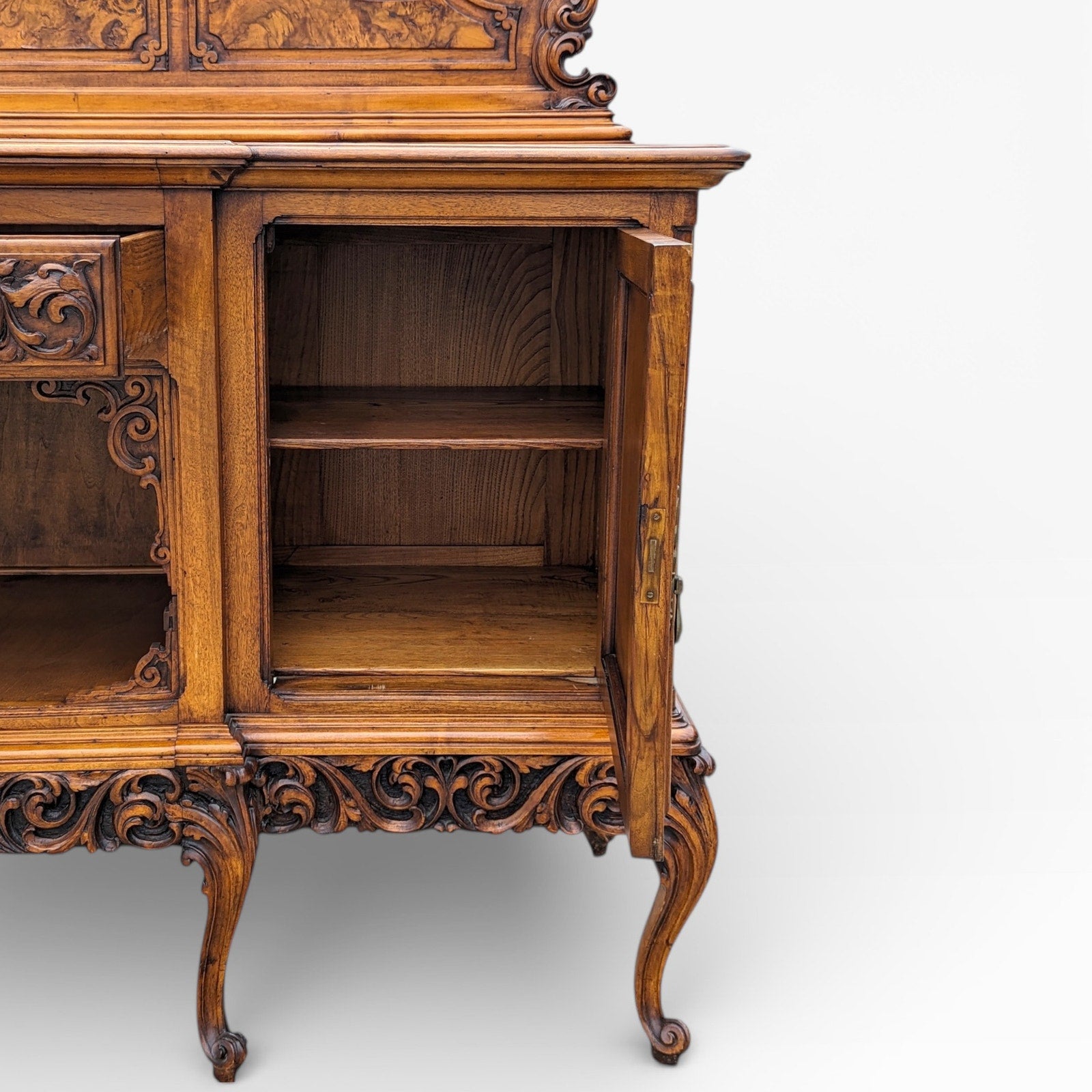 Continental Walnut Carved Sideboard Cabinet with Sculptural Apron — view 9 of 16