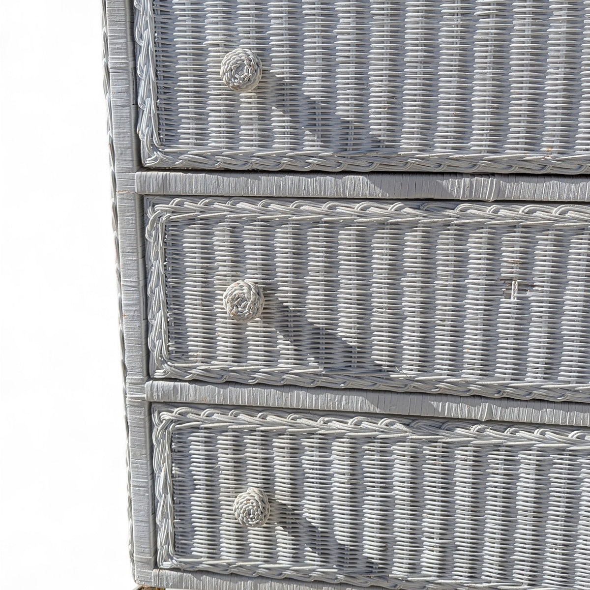 Vintage White Woven Wicker Three-Drawer Chest on Casters