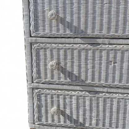 Vintage White Woven Wicker Three-Drawer Chest on Casters